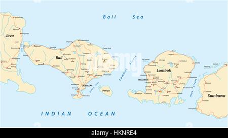 Vektor-Straßenkarte von indonesischen kleinen Sunda-Inseln Bali und Lombok Stock Vektor