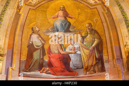 Rom, Italien - 11. März 2016: Die Freso Christus in Herrlichkeit in der Kirche Chiesa di San Bartolomeo Gründung Kapuziner Malers Bonaventura Loffredo 19. Stockfoto