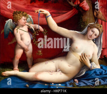 Venus und Amor von Lorenzo Lotto, Öl auf Leinwand, c.1525 Stockfoto