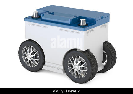 Elektroauto-Konzept, Auto-Batterie mit Rädern, 3D-Rendering isolierten auf weißen Hintergrund Stockfoto