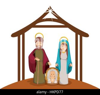 buntes Bild mit Jungfrau Maria und St. Josef und Jesus in der Krippe unter Krippe-Vektor-illustration Stock Vektor