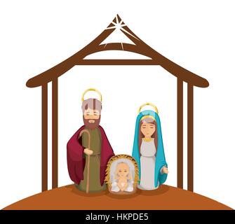 buntes Bild mit Jungfrau Maria und St. Josef und Jesus in der Krippe unter Krippe-Vektor-illustration Stock Vektor