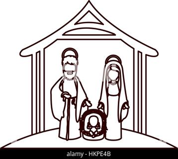 monochrome Kontur mit Jungfrau Maria und St. Josef und Jesus in der Krippe unter Krippe-Vektor-illustration Stock Vektor