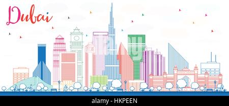 Umriss Skyline von Dubai mit Farbe Gebäuden. Vektor-Illustration. Geschäftsreisen und Tourismus-Konzept mit modernen Gebäuden. Stock Vektor