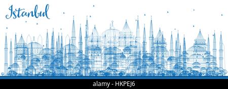 Umriss Skyline mit blauen Sehenswürdigkeiten Istanbuls. Vektor-Illustration. Geschäftsreisen und Tourismus-Konzept mit Istanbul City. Stock Vektor