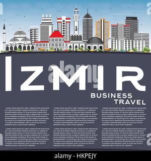 Izmir-Skyline mit grauen Gebäuden, blauer Himmel und Textfreiraum. Vektor-Illustration. Geschäftsreisen und Tourismus-Konzept mit moderner Architektur. Stock Vektor