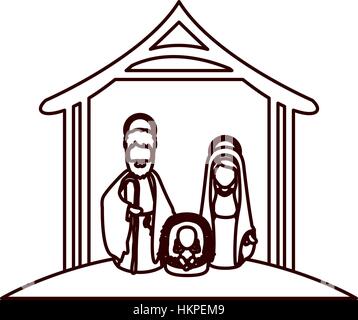 monochrome Kontur mit Jungfrau Maria und St. Josef und Jesus in der Krippe unter Krippe-Vektor-illustration Stock Vektor