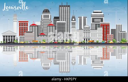 Louisville Skyline mit grauen Gebäuden, blauer Himmel und Reflexionen. Vektor-Illustration. Geschäftsreisen und Tourismus-Konzept mit moderner Architektur. Stock Vektor