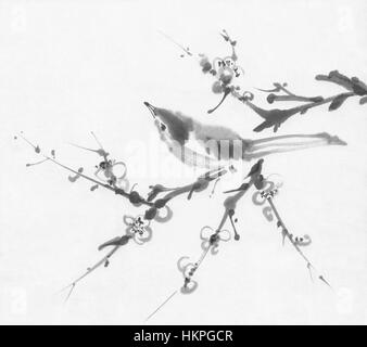 Vogel auf einer Kirsche Zweig Sumi-e Tuschemalerei Stockfoto