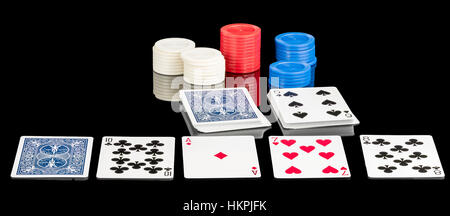 Poker-Spiel und Karten auf einen Tisch gelegt Stockfoto