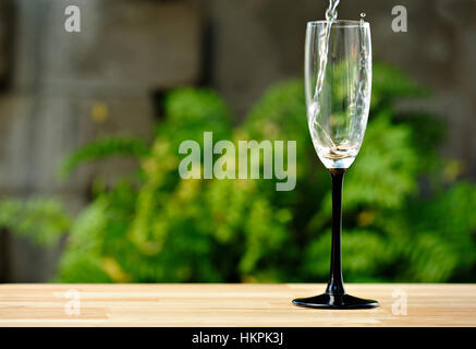 Champagner im leeren Glas im grünen Garten gießen Stockfoto