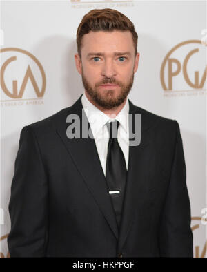 Justin Timberlake kommt bei der 28. Annual Hersteller Guild Awards im The Beverly Hilton Hotel in Beverly Hills, Kalifornien im 28. Januar 2017. Stockfoto