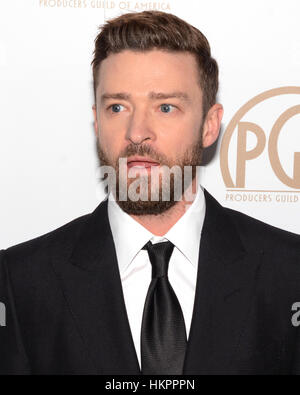 Justin Timberlake kommt bei der 28. Annual Hersteller Guild Awards im The Beverly Hilton Hotel in Beverly Hills, Kalifornien im 28. Januar 2017. Stockfoto