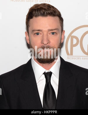 Justin Timberlake kommt bei der 28. Annual Hersteller Guild Awards im The Beverly Hilton Hotel in Beverly Hills, Kalifornien im 28. Januar 2017. Stockfoto