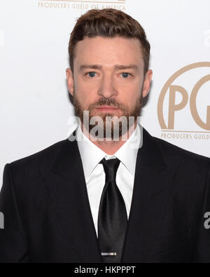 Justin Timberlake kommt bei der 28. Annual Hersteller Guild Awards im The Beverly Hilton Hotel in Beverly Hills, Kalifornien im 28. Januar 2017. Stockfoto