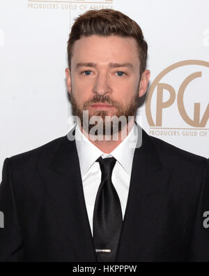 Justin Timberlake kommt bei der 28. Annual Hersteller Guild Awards im The Beverly Hilton Hotel in Beverly Hills, Kalifornien im 28. Januar 2017. Stockfoto