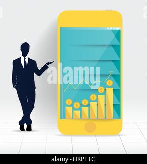 Geschäftsmann zeigt Touchscreen-Gerät mit Grafik und Design-Vorlage Infografik. Vektor-Illustration. Stock Vektor