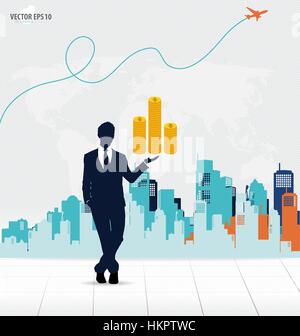 Geschäftsmann, Geld mit dem Bau der Hintergrund zeigt. Vektor-Illustration. Stock Vektor