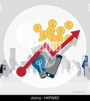 Geschäftskonzept mit Business-Produkten (Handy, Globe, Geld, Münzen, Glühbirne). Infografiken Hintergrund E-commerce Stock Vektor