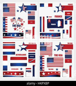 Sammlung von amerikanischen Flaggen, Frankreich, Niederlande Flaggen, Fahnen-Konzeption. Vektor-Illustration. Stock Vektor