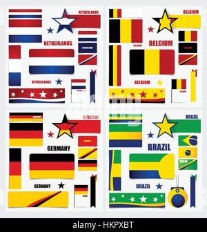 Sammlung von Brasilien Flaggen, Belgien Deutschland Flaggen, Niederlande, Fahnen-Konzeption. Vektor-Illustration. Stock Vektor