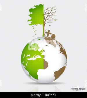 Rette die Welt, Baum auf einem abgeholzten Globus und grüne Welt. Vektor-Illustration. Stock Vektor