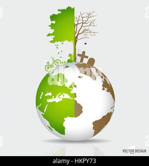 Rette die Welt, Baum auf einem abgeholzten Globus und grüne Welt. Vektor-Illustration. Stock Vektor