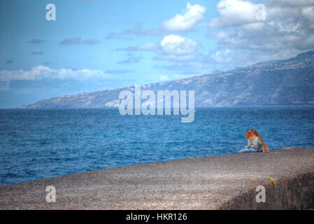 Auf der Insel Teneriffa. Auf der Klippe ist ein Dorf am unteren Rand der tobenden Ozean Stockfoto