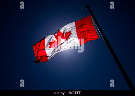 Eine windgepeitschte kanadische Flagge gegen einen dunkelblauen Hintergrund. Stockfoto