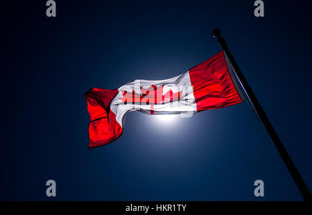 Eine windgepeitschte kanadische Flagge gegen einen dunkelblauen Hintergrund. Stockfoto