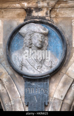 Medaillon vom König Philip V, Plaza Mayor, Salamanca, UNESCO World Heritage Site, Spanien Stockfoto