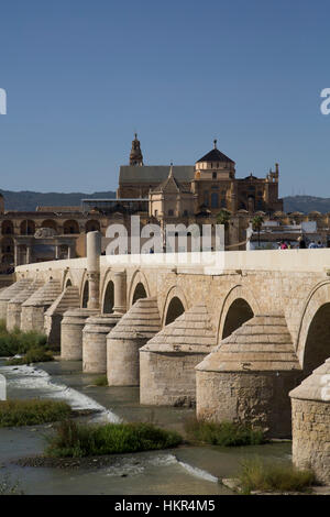 Römische Brücke (Vordergrund), die große Moschee (Mosquita) und Kathedrale von Cordoba (Hintergrund), UNESCO-Weltkulturerbe, Cordoba, Spanien Stockfoto