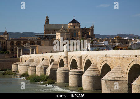 Römische Brücke (Vordergrund), die große Moschee (Mosquita) und Kathedrale von Cordoba (Hintergrund), UNESCO-Weltkulturerbe, Cordoba, Spanien Stockfoto