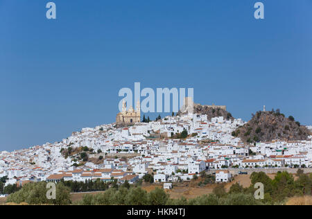 Nuestra Senora De La Encarnacion Kirche (links), Arabische Burg (rechts), Olvera, Andulasia, Spanien Stockfoto