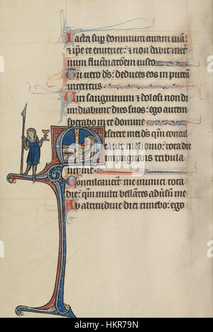 Dieses Gemälde des Bute-Meisters, ein Künstler, der um 1260–1290 tätig war, zeigt die biblische Geschichte von König Davids Diebstahl von Speer und Kelch. Das Stück aus der französisch-flämischen Tradition zeigt komplexe mittelalterliche Symboliken und religiöse Geschichten in lebendigen Farben und detaillierten Figuren. Stockfoto