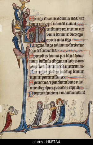 Das Gemälde „David spielt die Harfe“ des Bute-Meisters, eines französisch-flämischen Künstlers, der Ende des 13. Jahrhunderts tätig war, ist Teil einer erleuchteten Handschrift. Es zeigt die biblische Geschichte von König David und spiegelt mittelalterliche religiöse Kunst wider. Stockfoto