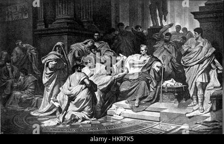 Dieses Bild mit dem Titel „Caesars-tod“ zeigt eine dramatische historische Szene. Es bezieht sich wahrscheinlich auf die Darstellung des Todes von Julius Cäsar, eines der bedeutendsten Ereignisse der Geschichte. Das Kunstwerk zeigt die Intensität dieses entscheidenden Moments in der römischen Geschichte. Stockfoto