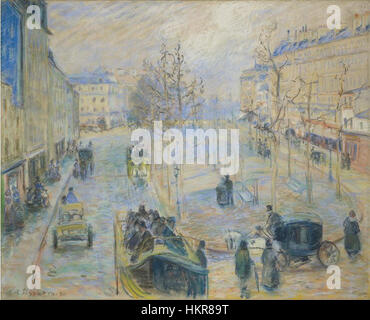 „Boulevard de Rochechouart“ (1880) von Camille Pissarro, eine pastellfarbene Zeichnung, die eine geschäftige Straßenszene in Paris darstellt und das pulsierende Leben und die urbane Atmosphäre der damaligen Zeit feststellt. Stockfoto