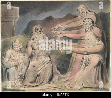 Das *Book of Job*, illustriert von William Blake und vervollständigt von Linell, präsentiert eine Reihe komplizierter Stiche, die Schlüsselszenen aus der biblischen Erzählung hervorheben. Blakes Interpretation von Hiobs Leiden und Ausdauer wird in detaillierten Illustrationen zum Ausdruck gebracht. Stockfoto