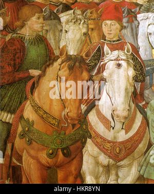 Das Gemälde Cappella dei Magi, das Piero della Francesca zugeschrieben wird, zeigt links Sigismondo Pandolfo Malatesta und rechts Galeazzo Maria Sforza. Diese Arbeit zeigt die komplexe Mischung aus historischen Figuren und religiösen Themen in der Kunst der Renaissance. Stockfoto