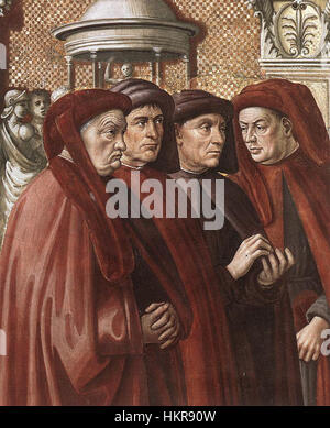 Dieses Fresko von Domenico Ghirlandaio, das sich in der Cappella Tornabuoni in Florenz befindet, zeigt den Engel, der in Zacharias erscheint, eine wichtige biblische Szene. Das Kunstwerk ist bekannt für seine detaillierte Darstellung religiöser Themen der Renaissance. Stockfoto