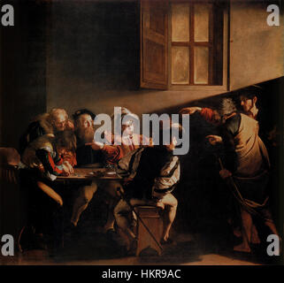 Caravaggios „die Berufung des heiligen Matthäus“ (1599–1600), ein Meisterwerk der barocken Kunst, beschreibt den biblischen Moment, in dem Jesus Matthäus aufruft, ihm zu folgen. Dieses Gemälde ist bekannt für seine dramatische Verwendung von Licht und Schatten und veranschaulicht Caravaggios revolutionären Ansatz zum Realismus. Stockfoto
