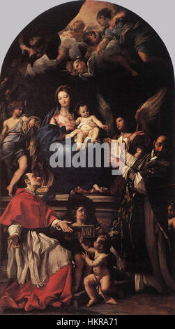 Carlo Marattas „Madonna und Kind thront mit Engeln und Heiligen“ ist ein barockes Meisterwerk mit der Jungfrau Maria und dem Christkind umgeben von Engeln und Heiligen. Das Gemälde veranschaulicht Marattas raffinierte Verwendung von Licht, Farbe und Komposition. Stockfoto