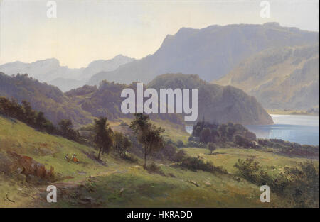 Carl Franz Emanuel Haunolds „Partie am Wolfgangsee“ ist ein malerisches Landschaftsbild, das einen ruhigen Blick auf den Wolfgangsee zeigt und die Schönheit der österreichischen Natur im 19. Jahrhundert zeigt. Stockfoto