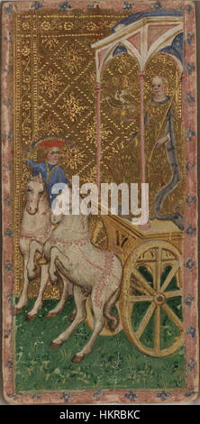 Die „Chariot“-Karte vom Cary-Yale-Tarot-Deck zeigt eine traditionelle Tarotdarstellung eines Wagenfahrers, die Sieg und Kontrolle symbolisiert, Schlüsselthemen der Tarot-Wahrsagung. Stockfoto