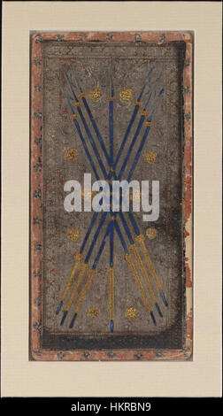 Die sieben Pfeile vom Cary-Yale Tarot-Deck veranschaulichen das Thema Vorsicht und sorgfältige Entscheidungsfindung, dargestellt durch die symbolische Darstellung der Pfeile. Diese Karte spiegelt einen Moment des strategischen Denkens in der Tarot-Weissagung wider. Stockfoto