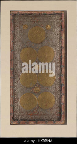 Die Karte „Sieben Münzen“ vom Cary-Yale Tarot-Deck ist Teil eines der ältesten erhaltenen Tarot-Decks aus dem 15. Jahrhundert. Sie veranschaulicht Themen wie Geduld, Investition und die Belohnung von Anstrengungen. Stockfoto