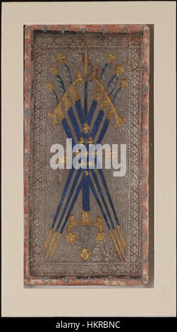 Die „Sieben der Schwerter“ vom Cary-Yale-Tarot-Deck zeigt eine Figur, die heimlich Schwerter wegträgt, und symbolisiert Geheimhaltung, Tarnung und Strategie. Diese Karte ist Teil eines italienischen Tarotdecks aus dem frühen 15. Jahrhundert, das für seine lebendigen Kunstwerke und symbolischen Bedeutungen bekannt ist. Stockfoto