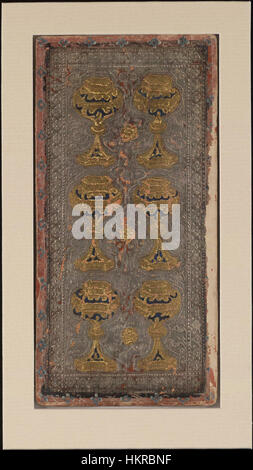 Die „Six of Cups“ vom Cary-Yale Tarot-Deck zeigt eine nostalgische Szene, in der zwei Kinder Becher mit Blumen anbieten. Die Karte stellt Themen der Nostalgie, Erinnerungen und Freude an der Symbolik des Tarot dar. Stockfoto