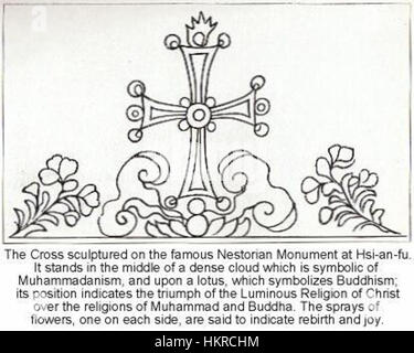 Das Cathayan Nestorian Cross ist ein altes christliches Artefakt aus der Nestorian Stele, das in China entdeckt wurde. Das Kreuz zeigt eine Inschrift, die Licht auf die frühchristliche Präsenz in China wirft und die Mischung chinesischer und christlicher kultureller Einflüsse während der Tang-Dynastie hervorhebt. Stockfoto